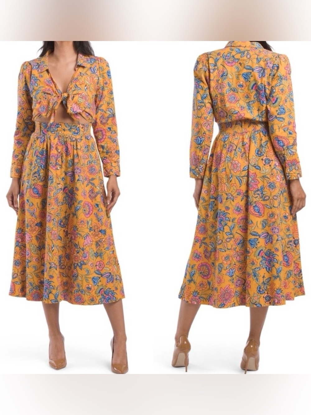 House of Harlow 1960 Floral Cutout Tie Front Long Sleeve Midi Dress